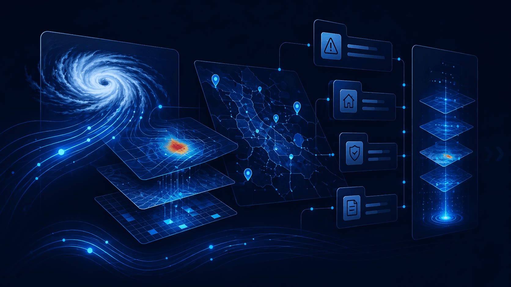 Abstract storm and map analysis artwork for the CAT-Loss Analysis Suite portfolio item